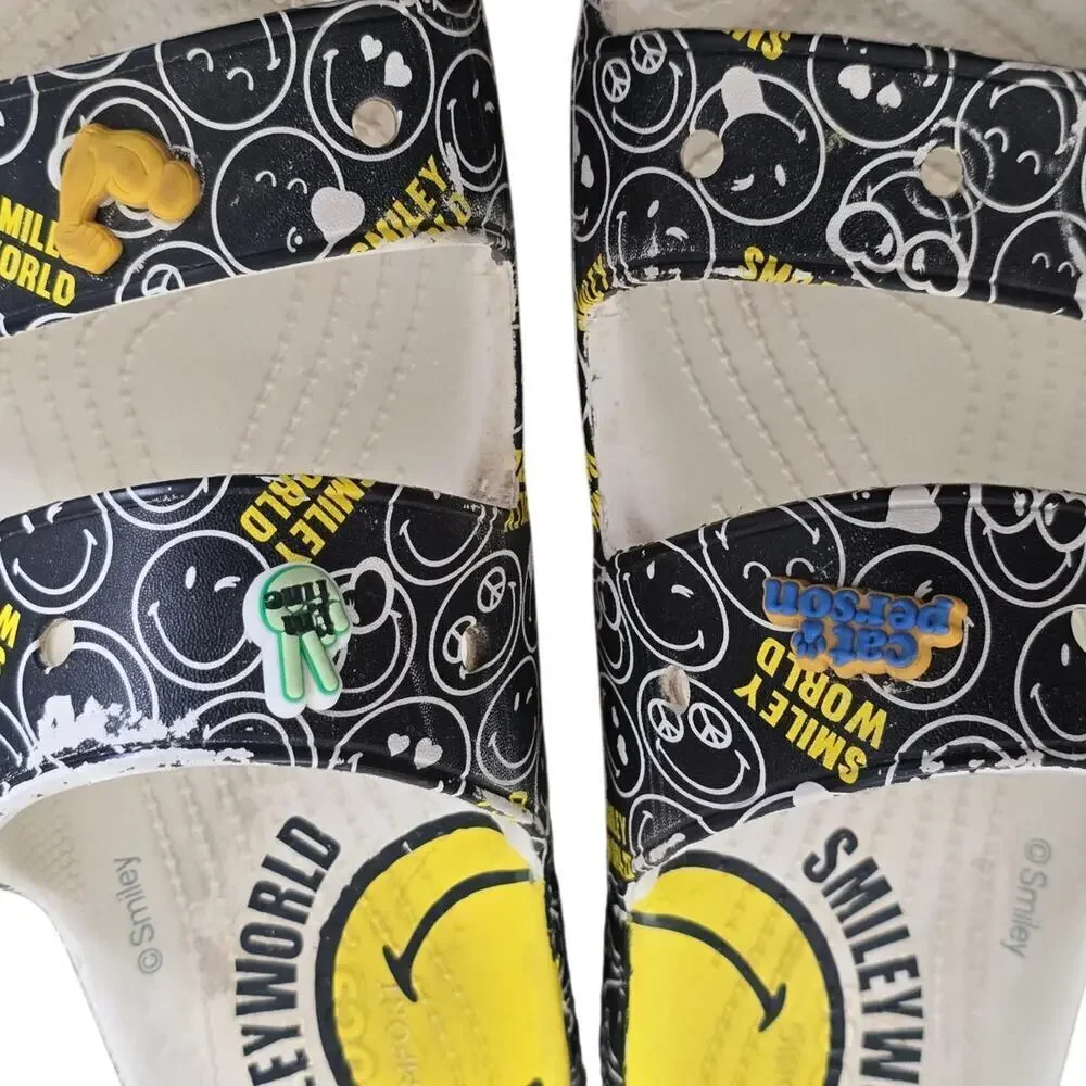 Crocs Smiley World Sandal Slide White Black Yellow Double Strap Mens Size 12